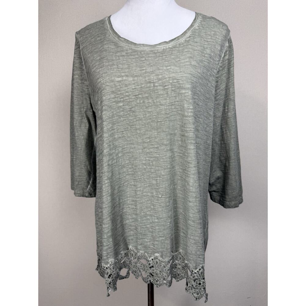 Chico's Women's Top Sz 2 (L/12) Green Lace Trim 3/4 Sleeves Pullover Feminine